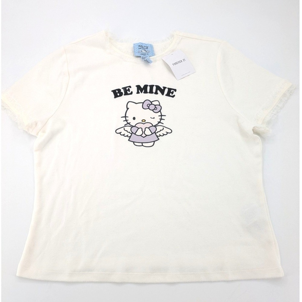 NWT Forever 21 Hello Kitty Angel Be Mine Lace Trim Graphic Tee Shirt White XXL